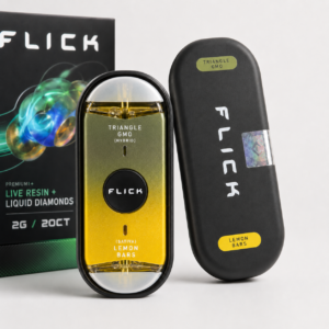 FLICK Triangle GMO Lemon Bars 2G disposable with olive and yellow dual-chamber device and protective case
