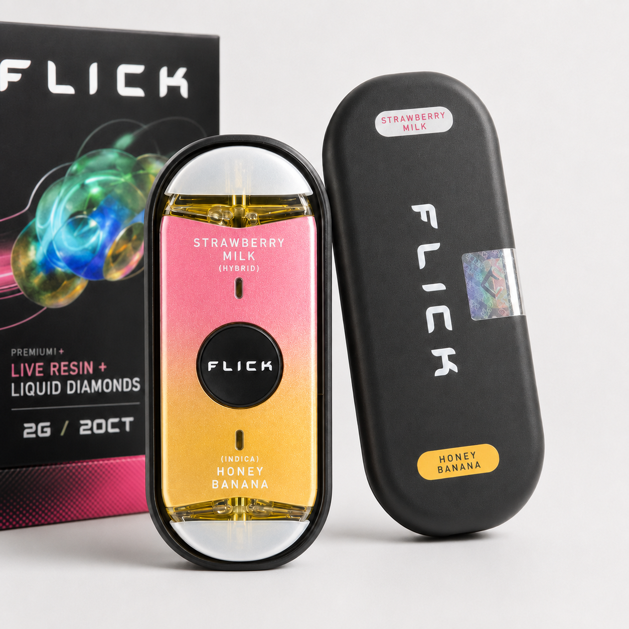 FLICK Strawberry Milk Honey Banana 2G pink and gold dual-chamber disposable with protective case