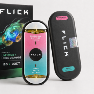 FLICK Bubblegum Zkittlez Bacio Gelato 2G pink and aqua dual-chamber disposable with black protective case
