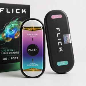 FLICK Pink Rozay Acai Mintz 2G pink purple and teal dual-chamber disposable with black case