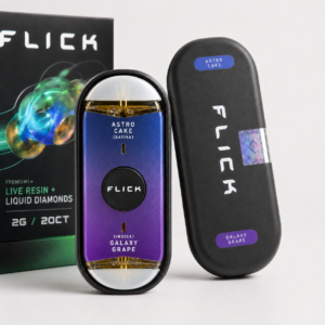 FLICK Astro Cake Galaxy Grape 2G blue and purple dual-chamber disposable with protective black case